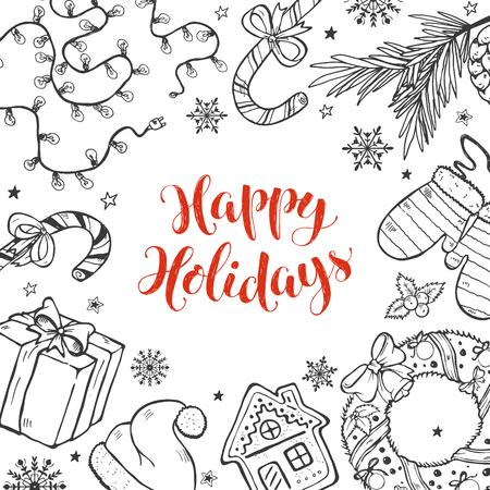 Merry Christmas doodle composition. Vector illustration of xmas traditional symbols. Gingerbread, Christmas tree, garland and wreath design elements. Holidays sketches isolated on white background.のイラスト素材