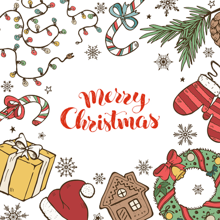 Merry Christmas doodle composition. Vector illustration of xmas traditional symbols. Gingerbread, Christmas tree, garland and wreath design elements. Holidays sketches isolated on white background.のイラスト素材