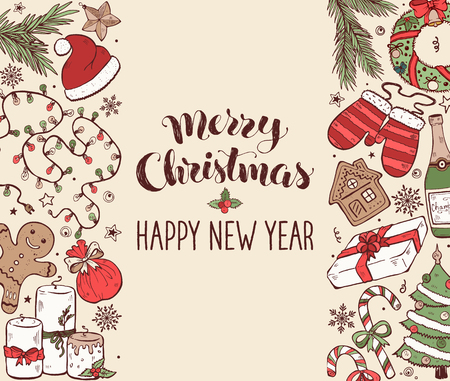 Hand drawn Merry Christmas doodles in vertical composition with lettering. Vector illustration of xmas elements isolated on white background. Happy holidays.のイラスト素材