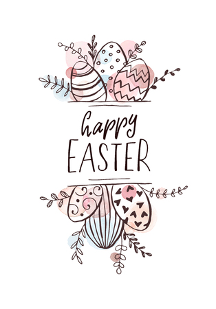 Happy Easter greeting card with watercolor spots on background. Easter eggs composition hand drawn black on white. Decorative vertical frame from eggs with leaves and calligraphic wording.のイラスト素材