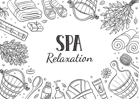 Spa relaxation banner. Sauna accessories sketches in horizontal  frame composition. Poster with hand drawn spa items. Doodle treatment objects isolated on white background.のイラスト素材