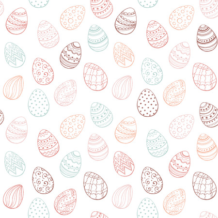Easter background with eggs hand drawn black on white background. Decorative Esater eggs seamless pattern in red and gold colors. Easter eggs with ornaments in vintage style.のイラスト素材