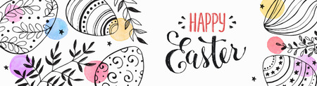 Easter eggs composition hand drawn black on white background. Decorative horizontal stripe from eggs with  leaves and watercolor dots.のイラスト素材