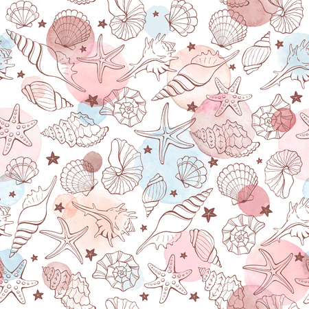 Marine seamless pattern from hand drawn sea shells and stars. Nautical illustration of shellfish with watercolor spots on white background.のイラスト素材