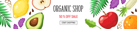 Organic shop poster with fresh fruits and vegetables isolated on white background. Horizontal composition from food.のイラスト素材