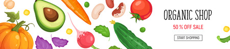 Organic shop poster with fresh fruits and vegetables isolated on white background. Horizontal composition from food.のイラスト素材