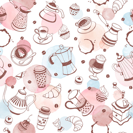 Coffee time seamless pattern with watercolor spots on white background. Hand drawn illustration with coffee pots, cups and sweets.のイラスト素材