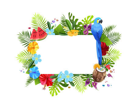 Exotic flowers and leaveshorisontal frame with copyspace isolated on white background. Colorful toucan in tropical foliage compositon vector illustration.のイラスト素材
