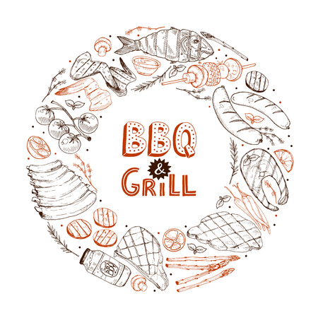 BBQ and grill banner with sketch objects isolated on white background. Hand drawn barbecue circle copmosition around decorative text. Grill menu design template.のイラスト素材
