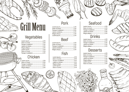 BBQ and grill menu with sketch objects isolated on white background. Hand drawn barbecue elements around text. Grill menu design template.のイラスト素材