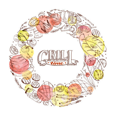 BBQ and grill banner with sketch objects isolated on white background. Hand drawn barbecue circle copmosition around decorative text. Grill menu design template.のイラスト素材