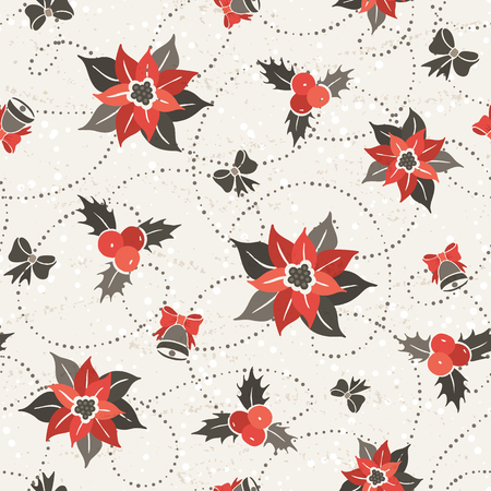 Christmas seamless pattern with poinsettia, holly berry and bows. Festive botanical tiled bakcground. Vector illustration.のイラスト素材
