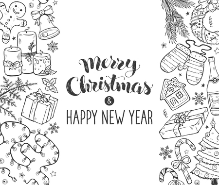 Hand drawn Merry Christmas doodles in vertical composition with lettering. Vector illustration of xmas elements isolated on white background. Happy holidays.のイラスト素材