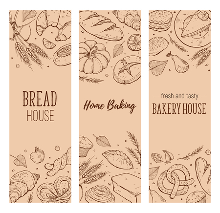 Vertical poster composition from hand drawn bread. Vector illustration for bakery shops design. Fresh bread banner concept.のイラスト素材