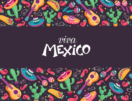 Viva Mexico poster in horizontal composition. Mexican culture symbols collection. Guitar, sombrero, maracas, cactus and jalapeno on chalkboard.のイラスト素材