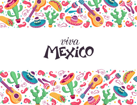 Viva Mexico poster in horizontal composition. Mexican culture symbols collection. Guitar, sombrero, maracas, cactus and jalapeno isolated on white background.のイラスト素材