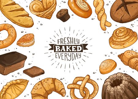 Freshly baked everyday lettering. Horizontal frame composition from hand drawn bread. Vector illustration for bakery shops. Fresh bread around text banner design.のイラスト素材