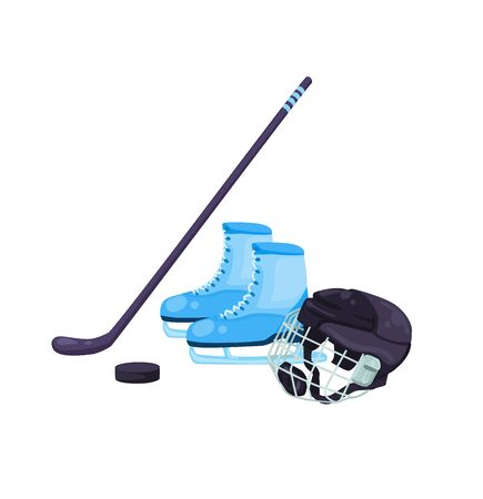 Vector llustration of hockey supply Colorful helmet, hockey skates and stick isolated on white background.のイラスト素材