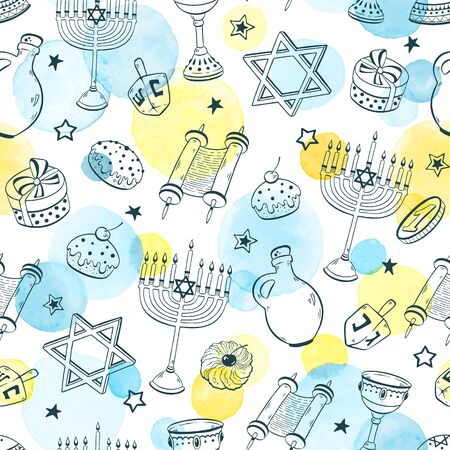 Chanukah dreidel, doughnut, menorah hand drawn seamless pattern vector illustration . Hanukkah sketches isolated on white background. David Star, torah and scroll.のイラスト素材