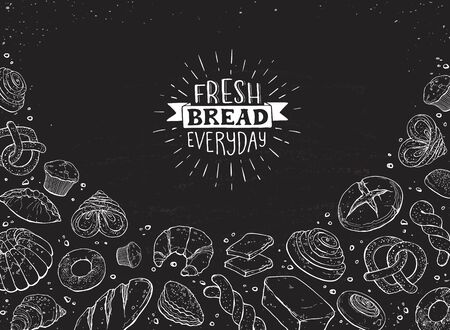 Fresh bread everyday banner. Horizontal frame composition with hand drawn bread and loaf, bagel and pretzel, muffin and croissant. Vector illustration banner design for bakery shops etc.のイラスト素材