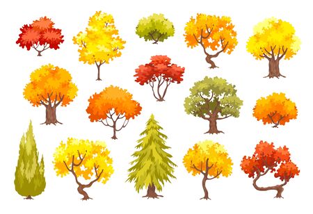 Colorful autumn trees. Cartoon yellow and orange tree and bush icon vector illusrtation isolated on white background.のイラスト素材