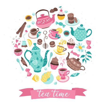 Tea time poster concept. Tea party greeting card design. Hand drawn vector illustration with teapots, cups and sweets in circle shape composition.のイラスト素材