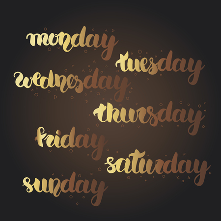 gold sparkling calligraphy set of full days of week with pretty brown background. Easy editable gradientのイラスト素材