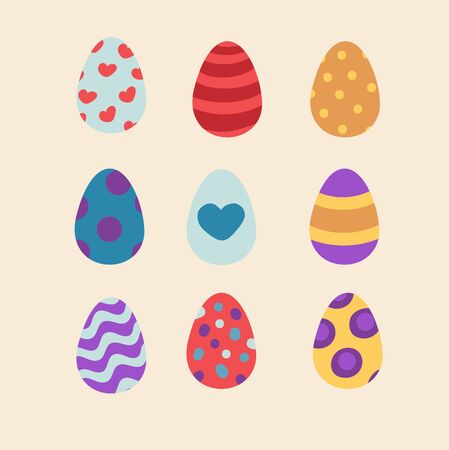 Set of colorful Easter eggs. Eggs with heart, dots and stripes. Easy editable colorsのイラスト素材