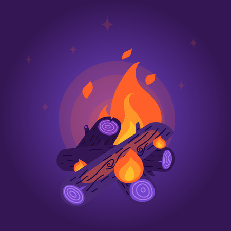Flat style night bonfire. Stylish camping cozy fire in violet, orange and yellow colors with stars and glow around. Editable gradient backgroundのイラスト素材