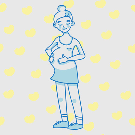 Pregnant young woman. A lady in dress. vector character in minimalistic and cute linear style. Blue lineのイラスト素材