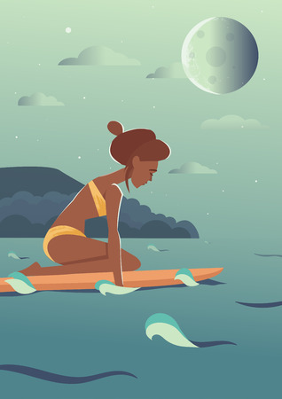 Illustration pour Swimming surfer girl character illustration. Night sea landscape with sky stars and big full moon. Easy editable colors. Young adult woman in bikini with surfboard - image libre de droit