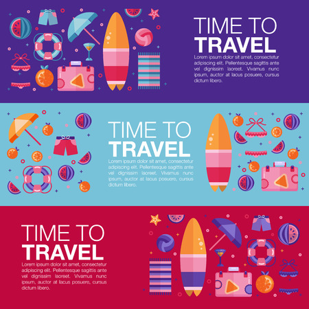 Time to travel template. Surfboard, Suitcase, orange and watermelon fruit slices, starfish, lifebuoy, book, beach towel, swimsuit and coctail, umbrella. Travel kit flat layのイラスト素材