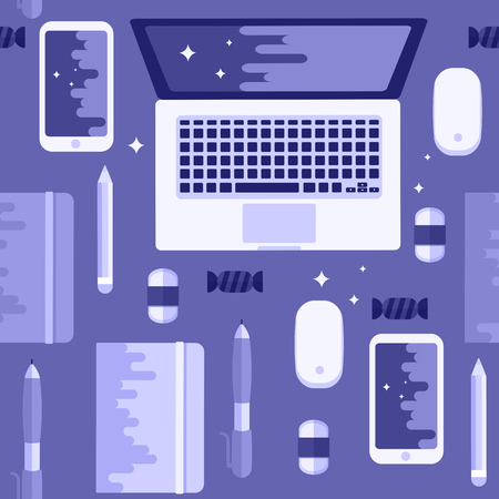Office and computer vector seamless flat pattern. Stationary with laptop smartphone. Hipster work purple deskのイラスト素材
