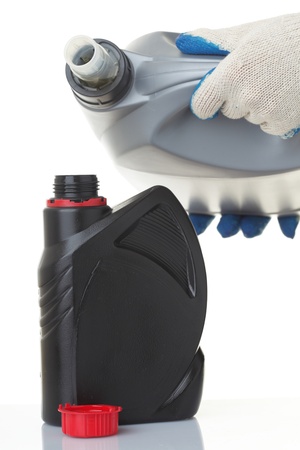 Can with car engine oil isolated on white の写真素材