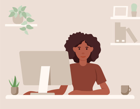 African busineswoman is working remotely and using the computer. Concept of freelance and remote occupation. Vector flat illustration.のイラスト素材