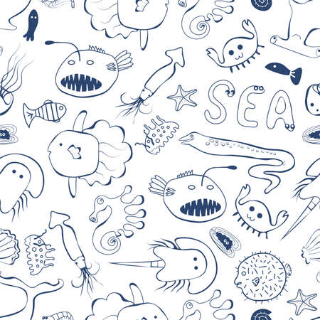 Cute sea creatures line style on the white background seamless patternのイラスト素材