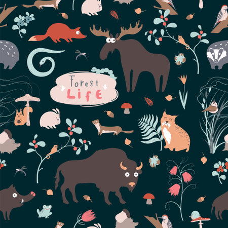 Cute funny vector forest animals seamless textureのイラスト素材