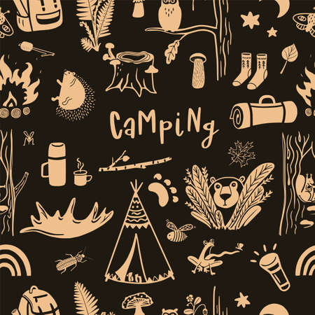 Camping hand drawn cute vector pattern against the dark backgroundのイラスト素材