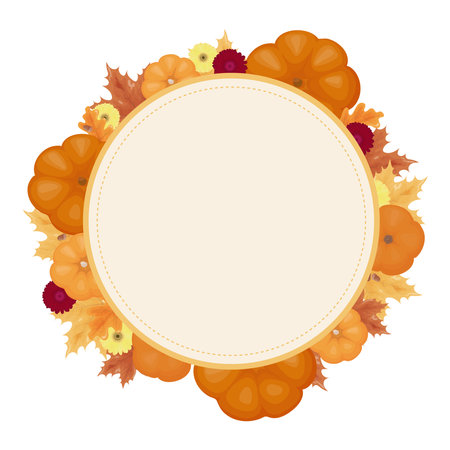Happy Thanksgiving day. Vector circle sticker. Circle emblem with vegetable harvest design, autumn oak and maple leavesのイラスト素材