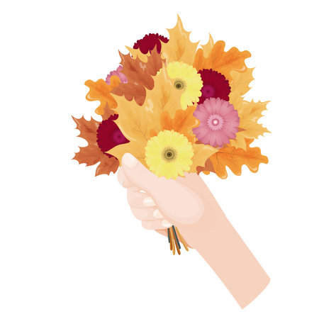 Vector bouquet holding a gerbera made of red, pink and yellow flowers isolated on a white background. Bouquet of autumn leaves and flowers.のイラスト素材