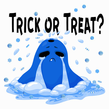 Halloween stickers. Blue cartoon monster crying with lollipops. isolated on white background. vector illustration. A postcard with the inscription trick or treat.のイラスト素材