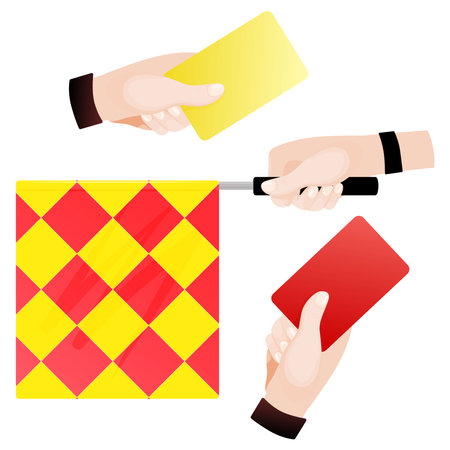 Offside trap of soccer. Referee, linesman's flag and cards set. referee flag. vector illustration.のイラスト素材