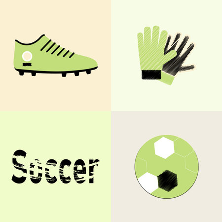 Cartoon vector illustration football things. Soccer boots, ball, goalkeeper gloves and title.Trendy print for backpacks, things, clothes.のイラスト素材