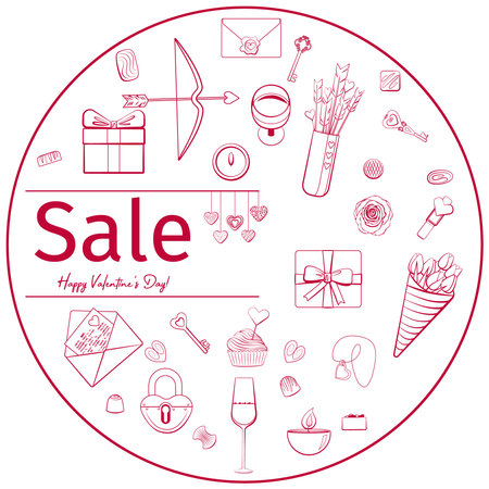 Vector holiday illustration. A set of items on the theme of love. Vector poster of the Magenta sale on Valentine's Day on a white background. Clearance design, sale, discount, marketing price tag. simple vector illustration. Envelopes, letters, keys, locks, candies and hearts.のイラスト素材