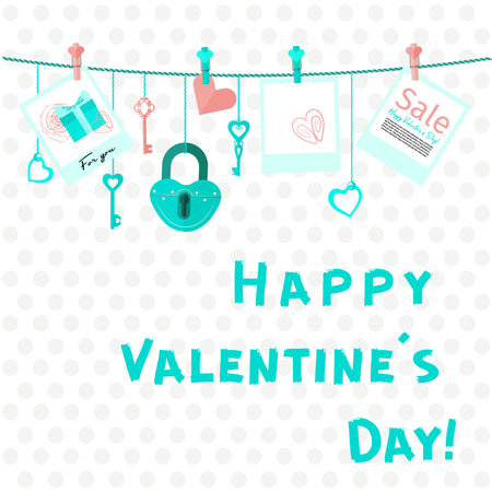Elements for Valentine's day. Keys and photos on a rope. simple vector illustration.のイラスト素材