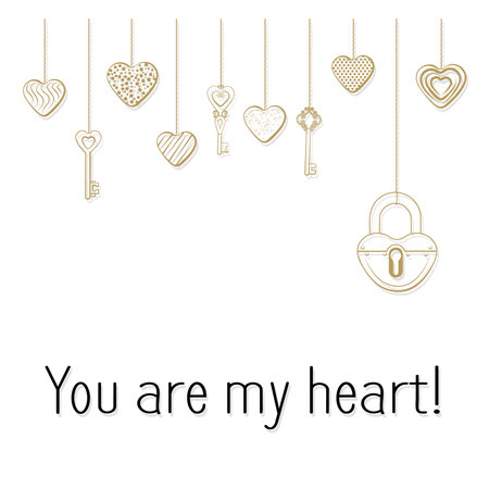 Valentine's Day greeting card. A garland of golden keys and hearts with a shadow and an inscription on a white background. Key to my heart. Romantic minimalistic Design for greeting cards, invitations. Vector.のイラスト素材