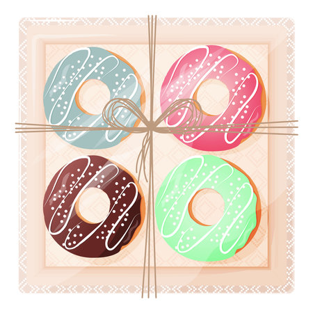 Donut box. Realistic sweet pastries with different types of glazes and sprinkles in cardboard package, caloric fast food. cartoon vector illustration.のイラスト素材