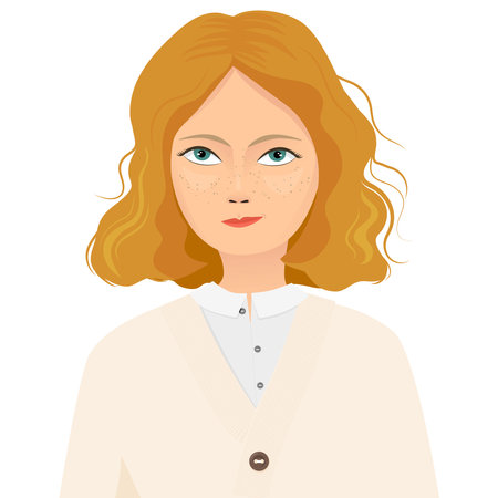 Illustration of a cute red-haired girl with wavy hair. Banner of woman with cosmetic bottles. cartoon vector illustration.のイラスト素材
