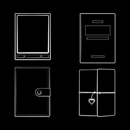 Four Modern flat education icons set on dark background. A set of four books. An e-book, a book with a clasp, a notebook with a tie. simple vector illustration.のイラスト素材