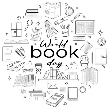 Chalkboard with book open to celebrate reading in this World Book Day in April 23. Vector illustration in a flat style.のイラスト素材